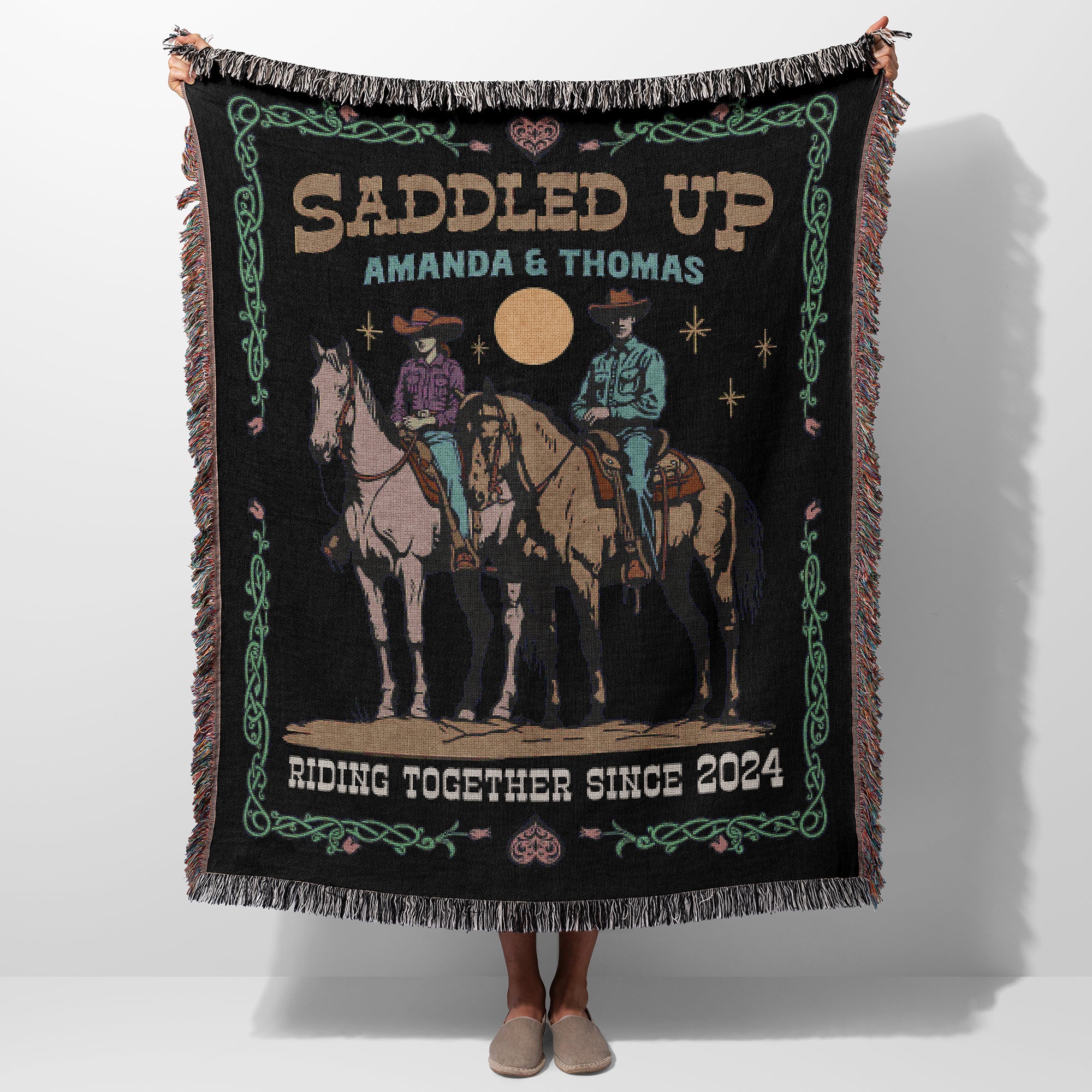 Personalized 'Saddled Up' Couples Woven Blanket