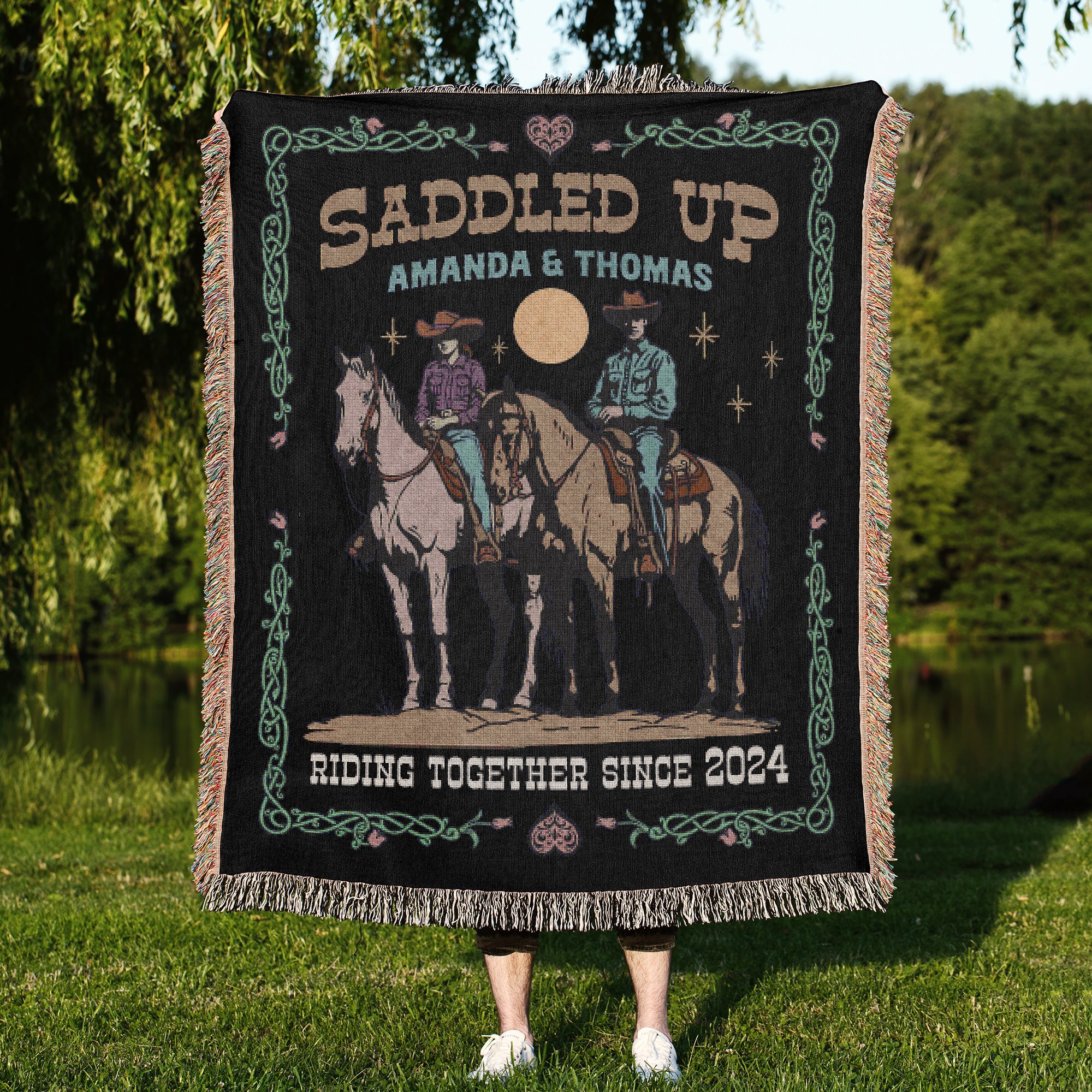 Personalized 'Saddled Up' Couples Woven Blanket